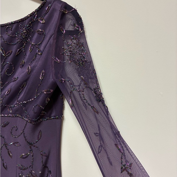 Bob Mackie Plum Beaded Evening Gown | Size 12 | Sheer Sleeves Formal Dress - Picture 11 of 12